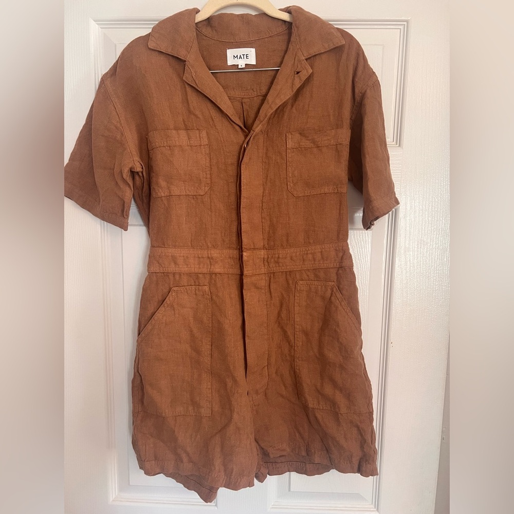 MATE the Label Rust Brown Short Sleeve Linen Romper